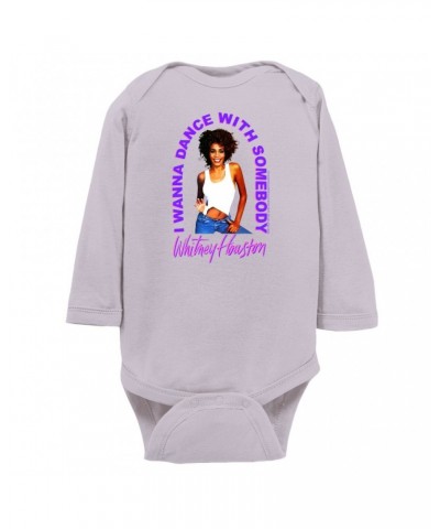 Whitney Houston Long Sleeve Bodysuit | I Wanna Dance With Somebody Neon Purple Image Bodysuit $9.23 Shirts