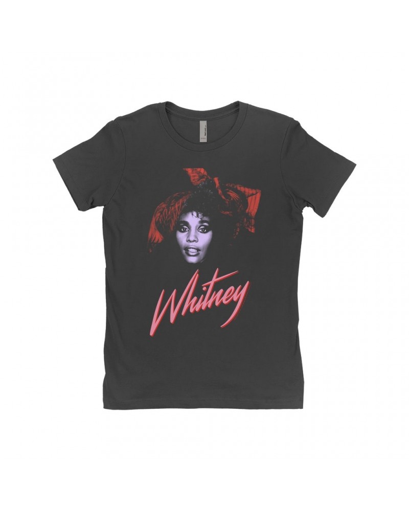 Whitney Houston Ladies' Boyfriend T-Shirt | Purple And Red 1987 Photo Design Shirt $13.67 Shirts